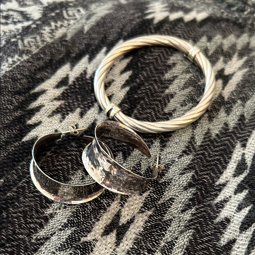 Hammered Sterling Hoops and Clasp Bracelet